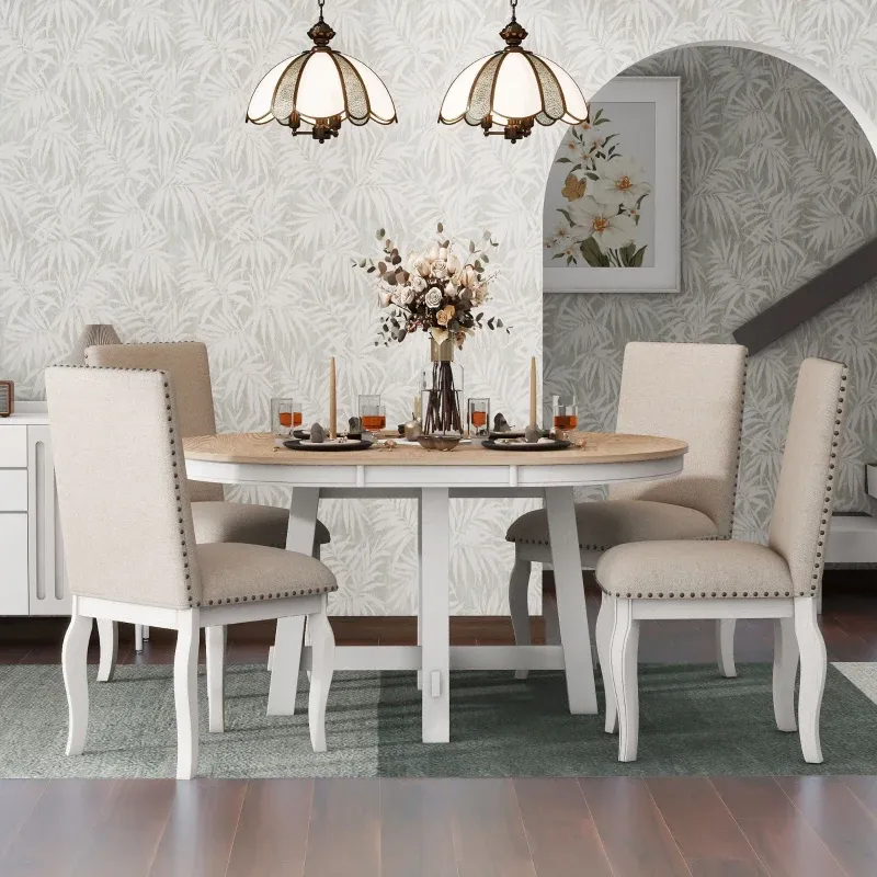 Juego de mesa de comedor de 5 piezas, mesa redonda extensible con base en forma de X y 4 sillas tapizadas, longitud ajustable de 42 a 58 pulgadas