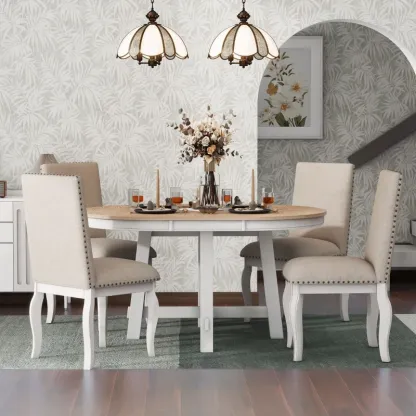 Juego de mesa de comedor de 5 piezas, mesa redonda extensible con base en forma de X y 4 sillas tapizadas, longitud ajustable de 42 a 58 pulgadas