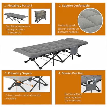 Cama Plegable Extra Grande Gris de 65*180 Cm para Exteriores – Portátil para Camping, Estadios, Viajes y Oficina. Estructura de Metal Resistente con Bolsillos Laterales de Almacenamiento.