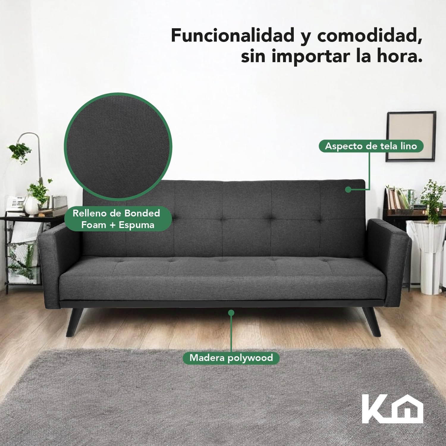 Kingshouse | Sillón Sofá Cama Plegable - Sala Moderna Minimalista - Tapizado Poliéster - Estructura De Madera - Gris Oscuro - 3 Personas - Departamento o Casa