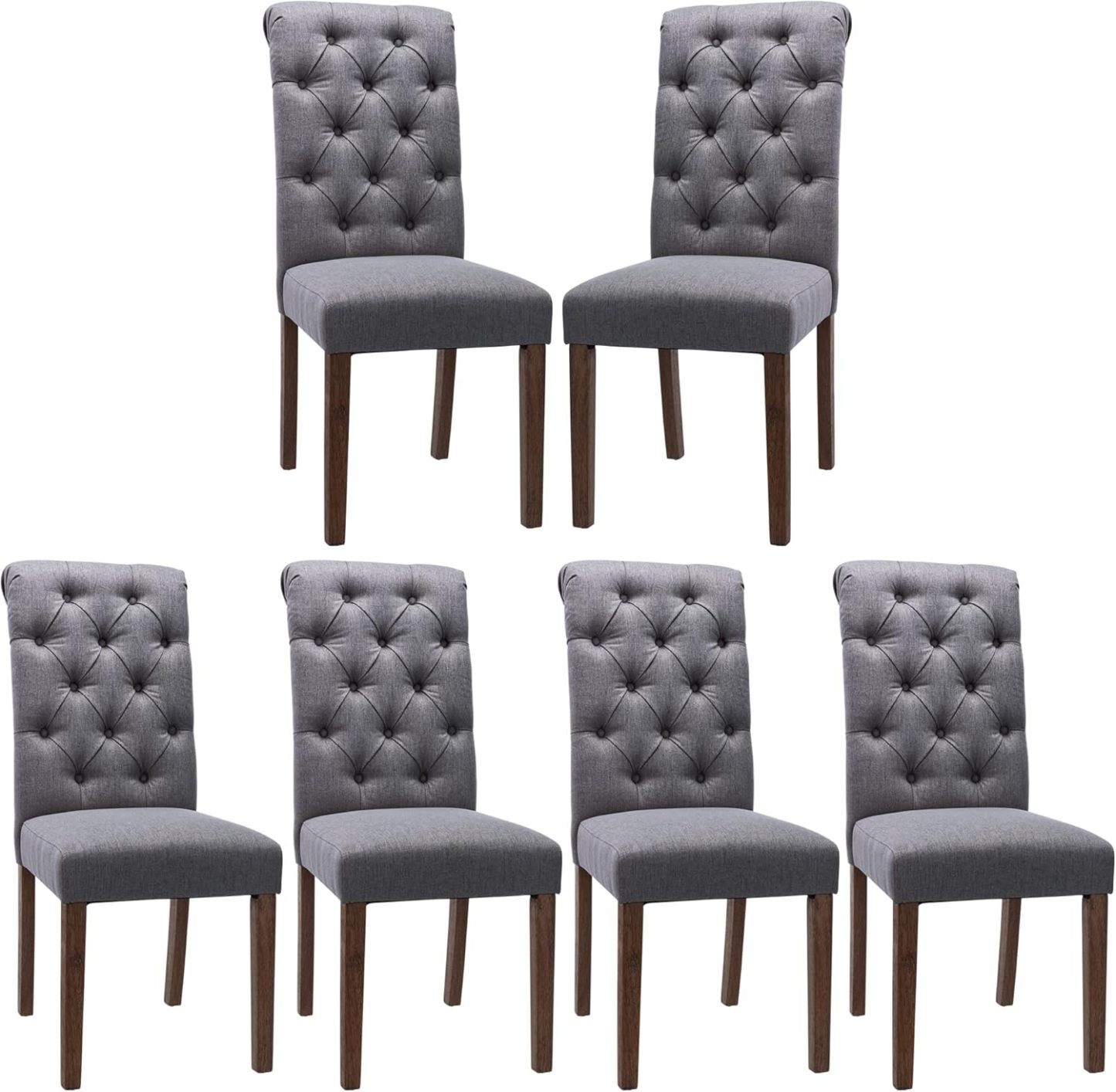 COLAMY - Juego de 6 sillas de Comedor con Botones y tapizadas, con Patas de Madera Maciza y Asiento Acolchado para Comedor, Cocina, Color Gris