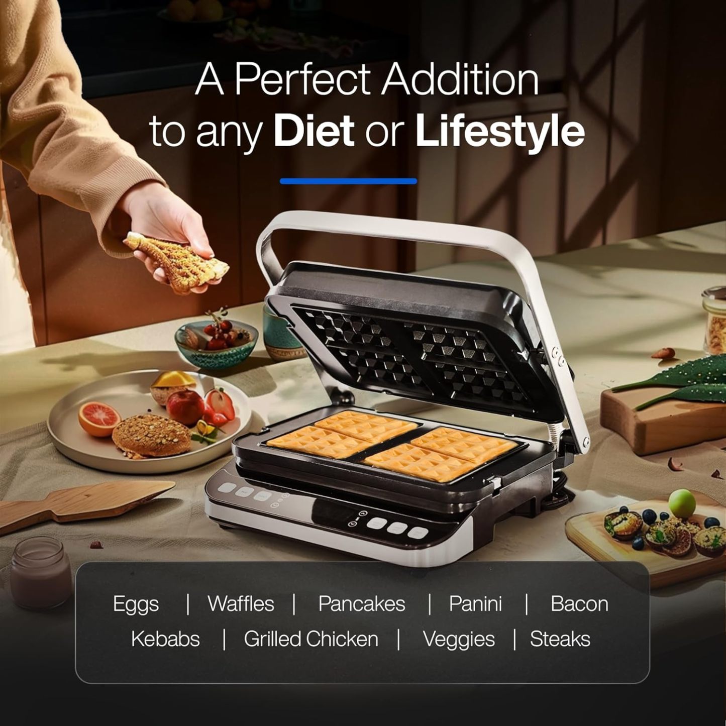 Yedi Paquete Total Parrilla digital 6 en 1, máquina para hacer waffles, prensa para panini, plancha estilo tempanyaki, con kit de accesorios de lujo