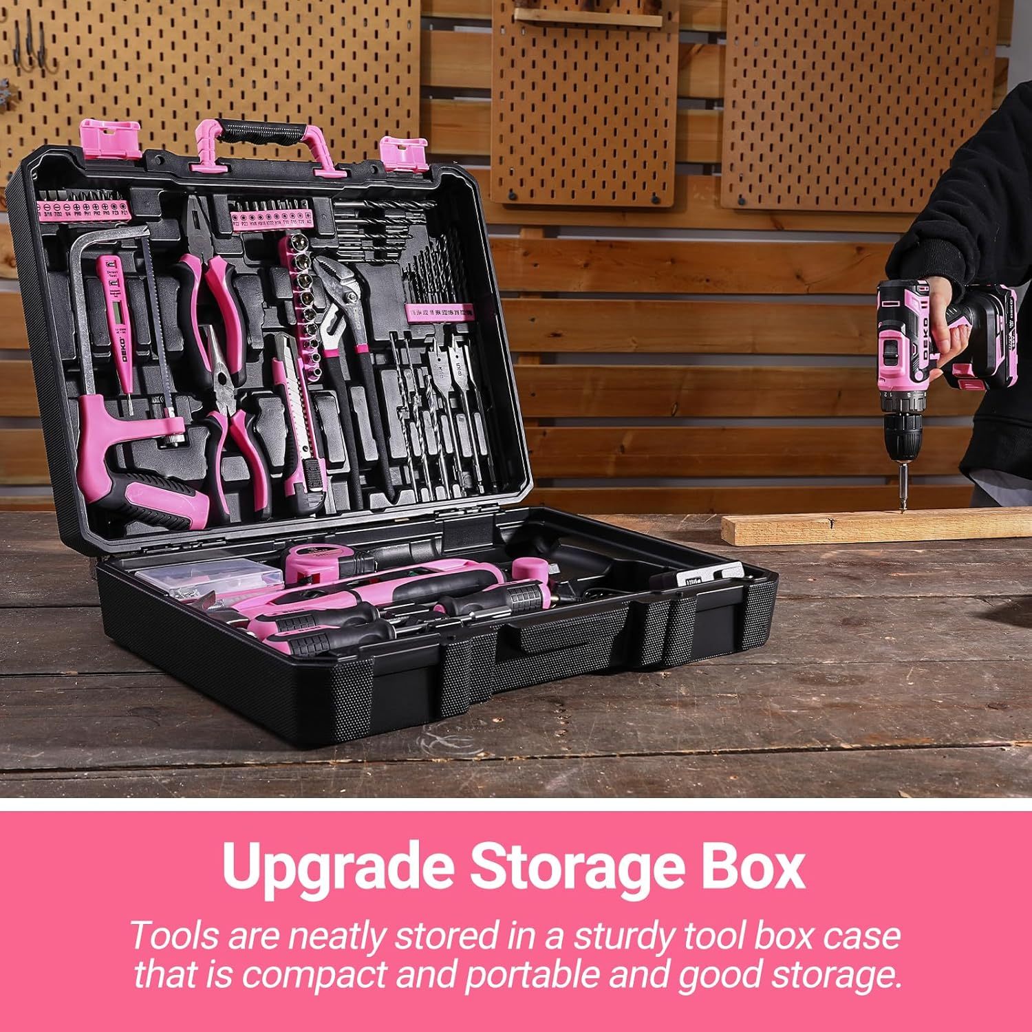 Juego de herramientas de taladro rosa: caja de herramientas de taladro eléctrico inalámbrico de 20 V con batería, taladro eléctrico para hombres, reparación de mano, caja de herramientas básicas