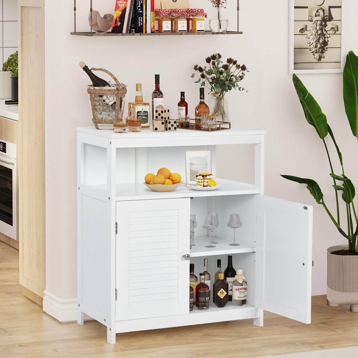 Gabinete de Almacenamiento para Piso de Baño con Puerta Doble, Estante Ajustable, para Baño, Sala de Estar, Cocina, Estilo Nórdico Escandinavo, Fácil Montaje