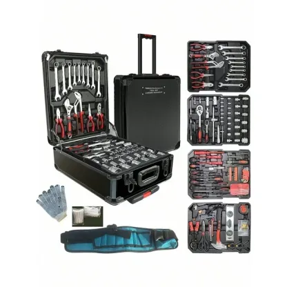 Arcwares 799pcs Aluminum Trolley Case Tool Set Silver, House Repair Kit Set, Household Hand Tool Set, with Tool Belt,Gift on Father's Day (Black)