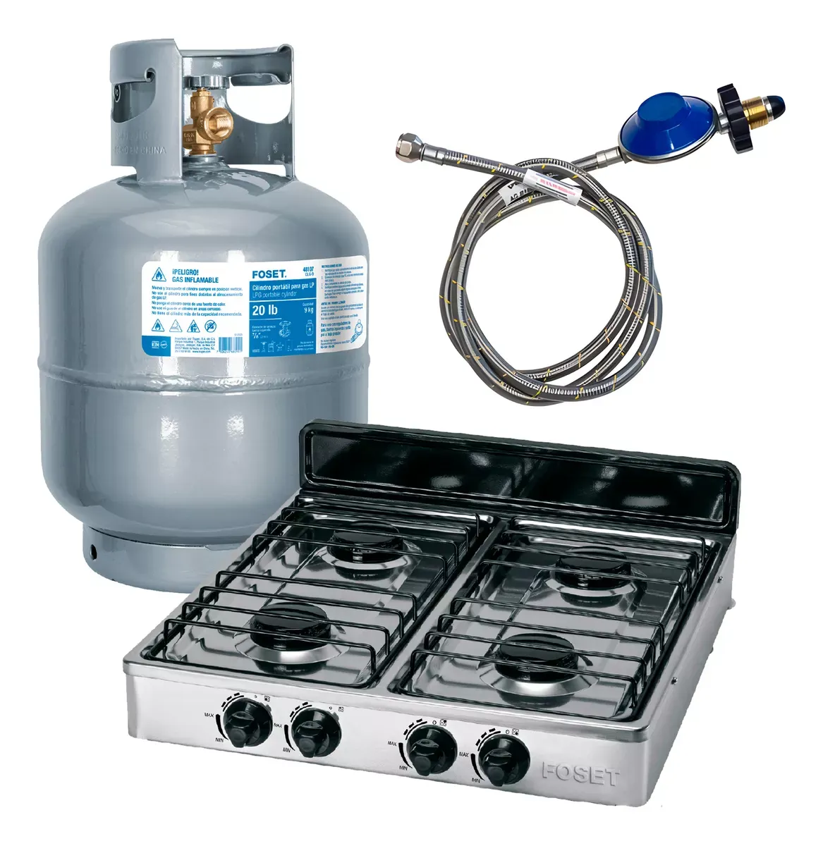 Kit Parrilla De 4 Quemadores, Tanque De Gas 9 Kg Y Regulador