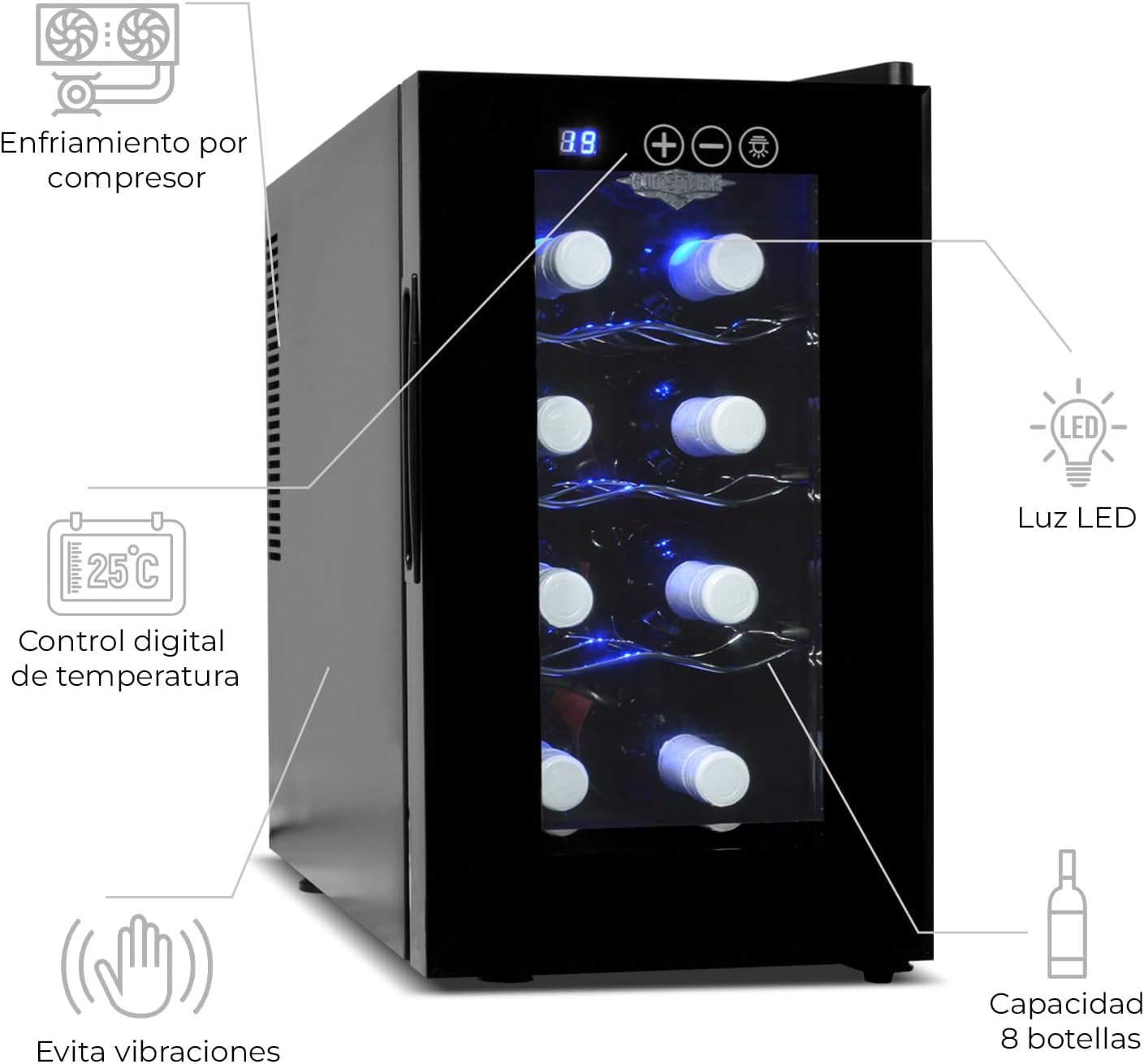 RACK & PACK Cava de Vinos para 8 Botellas 3 Rejillas Control de Temperatura Digital Iluminacion Led Azul Enfriador de Vinos Refrigerador para Vino Frigobar 8 – 18° C 55 W 22 L sin Vibraciones