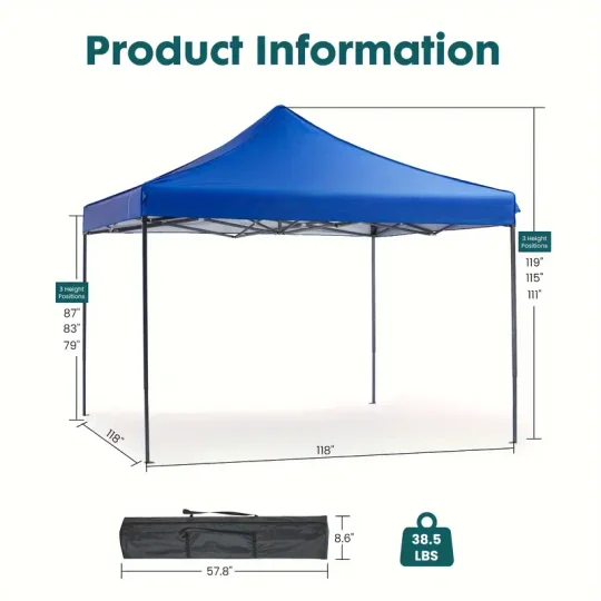Carpa con dosel, refugio portátil emergente para exteriores de 10 x 10 pies, fácil cierre central de 1 empuje, protección UV y bolsa de transporte.