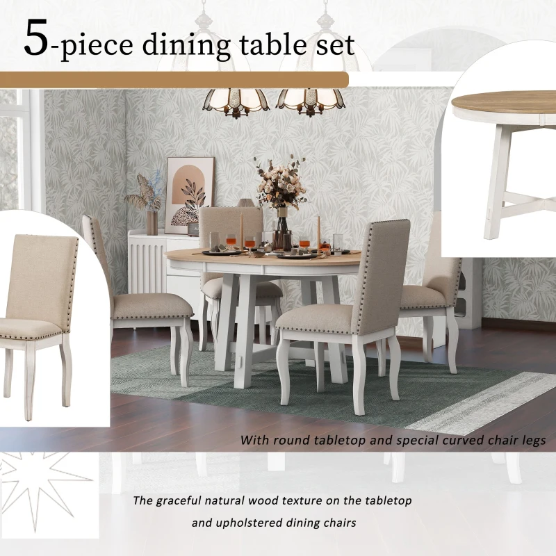 Juego de mesa de comedor de 5 piezas, mesa redonda extensible con base en forma de X y 4 sillas tapizadas, longitud ajustable de 42 a 58 pulgadas
