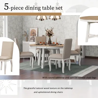Juego de mesa de comedor de 5 piezas, mesa redonda extensible con base en forma de X y 4 sillas tapizadas, longitud ajustable de 42 a 58 pulgadas