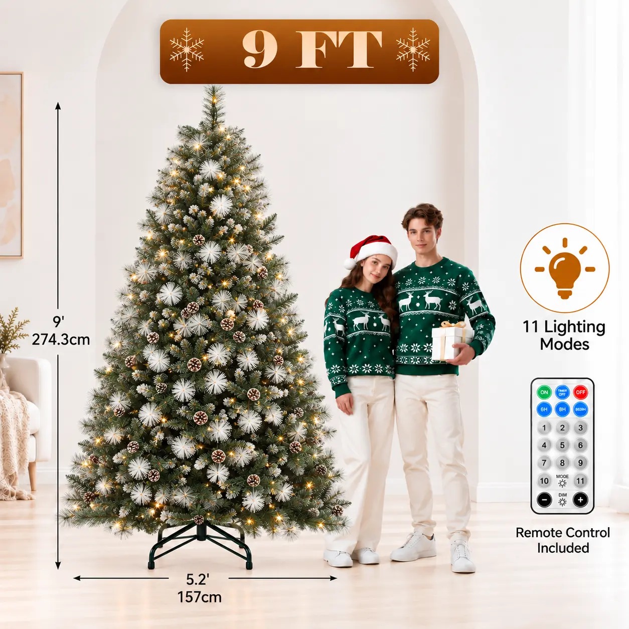 【11 modos de iluminación】 Árbol de Navidad artificial YITAHOME (disponible en 4,5 / 6 / 7,5 / 9 pies) con puntas de PVC y luces de color blanco cálido; ideal para la decoración del hogar o la oficina.