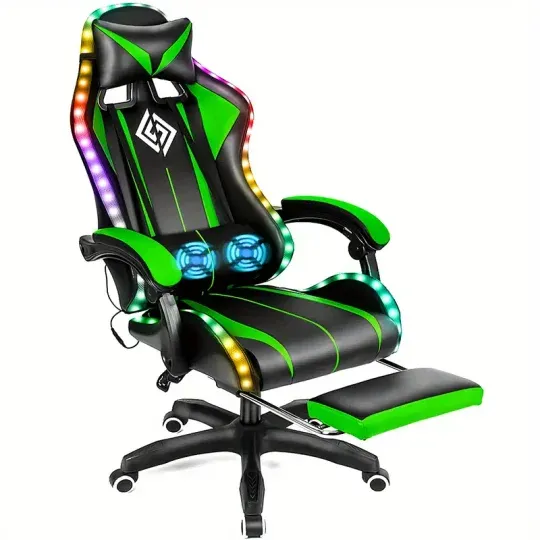 Silla Gaming RGB con Luces LED y Masaje Silla de Computadora Ergonómica Silla de Videojuego de Respaldo Alto con Reposapiés y Soporte Lumbar Ajustable Reposabrazos de Enlace