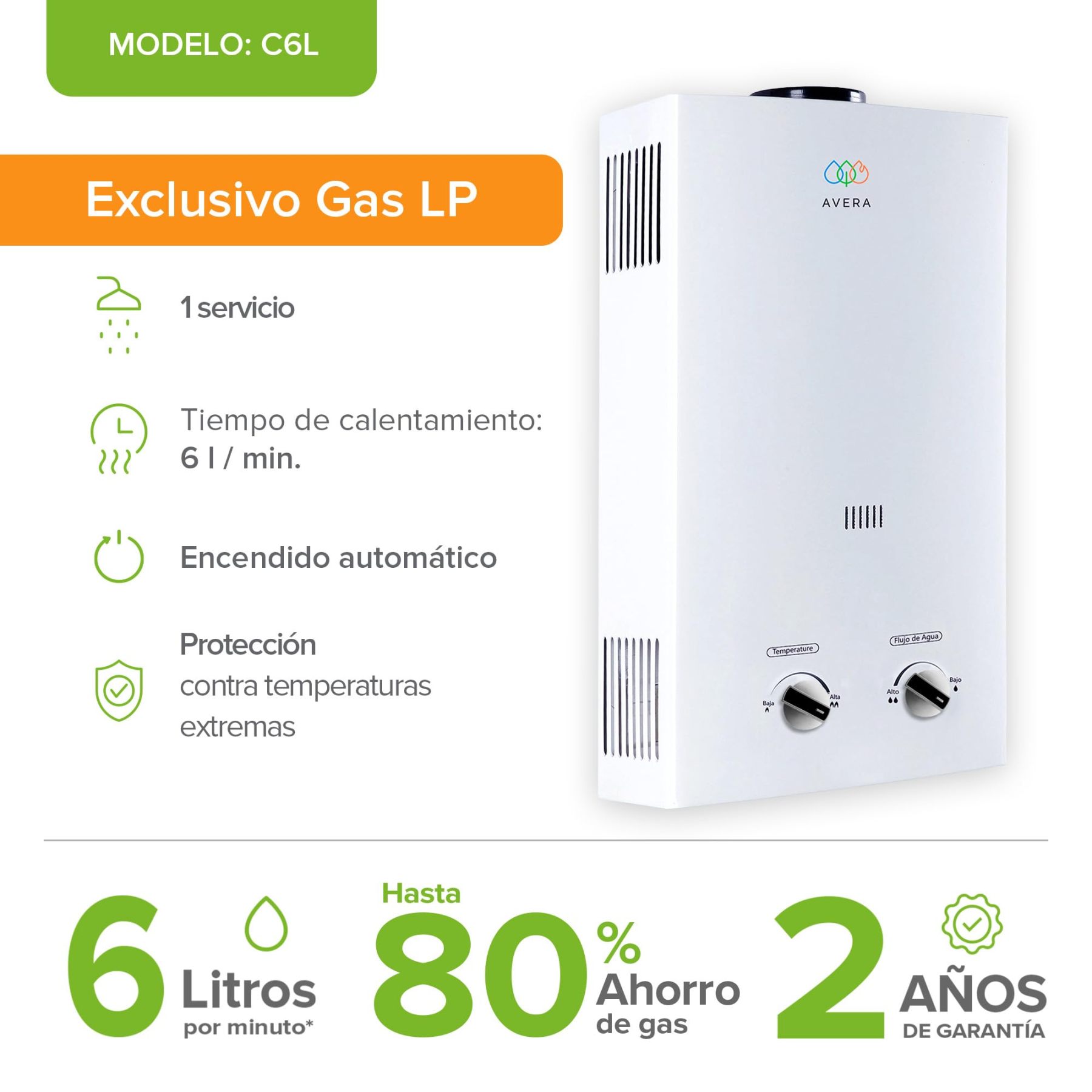 AVERA Calentador de Agua Instantaneo GAS LP, Boiler de Paso, Capacidad 6 Litros/Minuto, 1 Servicio, Facil Instalacion, Ahorro de Gas y Agua Caliente al Instante | C6L