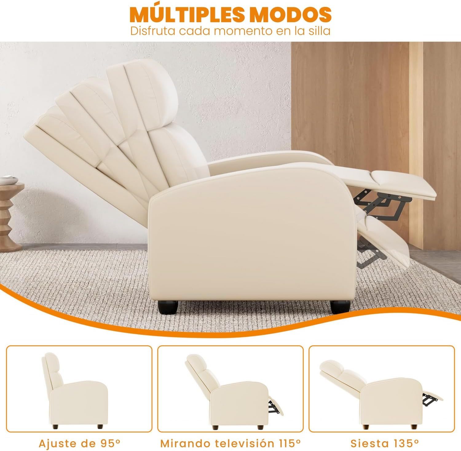FABATO Sillon Individual-Sillon Reclinable Adultos Tipo Cine 8 Modos de Masaje con Soporte Lumbar, Reposapiés Retráctil y 3 Posiciones -Tu Mecedora Adulto de Cuero Ideal para tu casa (Crema)
