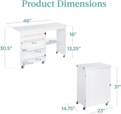 Best Choice Products - Mesa de coser plegable multiusos, estación de manualidades, diseño compacto, ruedas, estantes, almacenamiento, clavijas, puertas magnéticas, pomos de puerta de metal, blanca