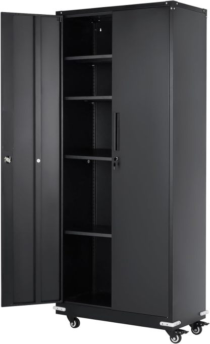 Metal Storage Cabinet with Wheels, 75'' Locking Steel Storage Cabinet with 2 Magnetic Doors and 4 Adjustable Shelves for Office, Garage, Home