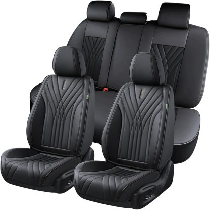 FLORICH - Juego completo de fundas de asiento de piel, fundas universales para 5 asientos, protector de asiento de coche, cojín de piel para asiento de coche, fundas de asiento de automóvil marrones,