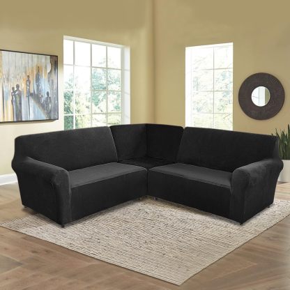 MIFXIN - Fundas de sofá de esquina seccionales de 5 asientos en forma de L, 3 piezas de terciopelo elástico, suave, lavable, protector de sofá para sofás de esquina de 5 plazas (negro)