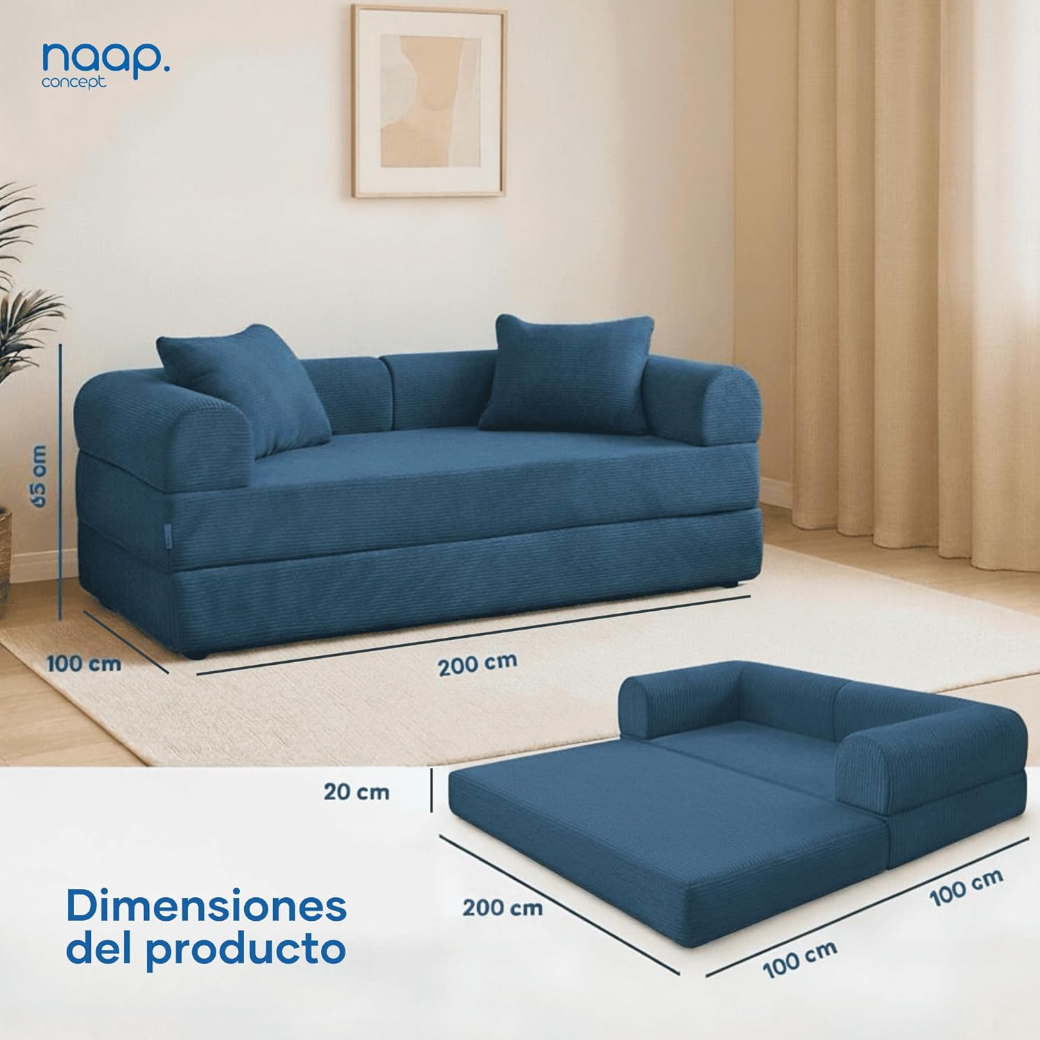 Sofá Cama Teddy Luxe | Diseño Convertible | Hecho 100% de Espuma | Comodidad y Versatilidad | 200x100x65 cm (Chocolate)