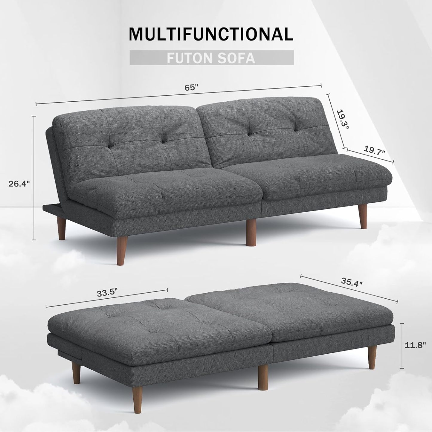 Flamaker Futón sofá cama de tela ajustable, sofá cama para apartamentos pequeños, moderno y convertible, color gris