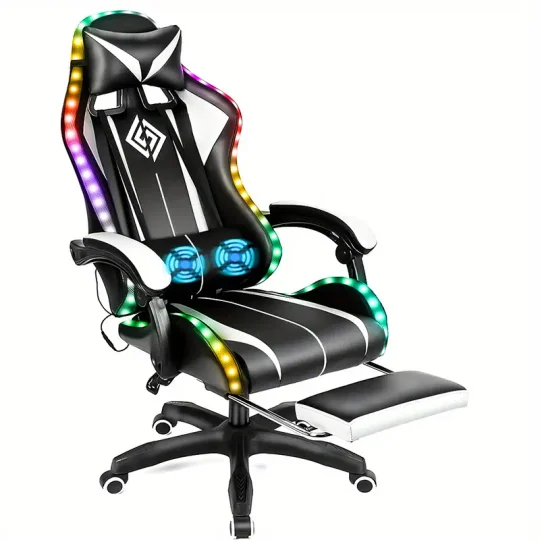 Silla Gaming RGB con Luces LED y Masaje Silla de Computadora Ergonómica Silla de Videojuego de Respaldo Alto con Reposapiés y Soporte Lumbar Ajustable Reposabrazos de Enlace