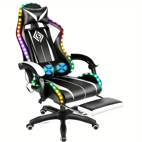 Silla Gaming RGB con Luces LED y Masaje Silla de Computadora Ergonómica Silla de Videojuego de Respaldo Alto con Reposapiés y Soporte Lumbar Ajustable Reposabrazos de Enlace