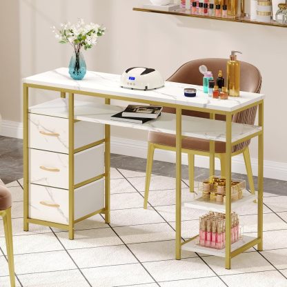 DWVO - Mesa de manicura para uñas, computadora de manicura con Textura marmolada con 3 cajones, estación de Mesa de uñas Resistente a la acetona para salón de Belleza, SPA (Blanco)