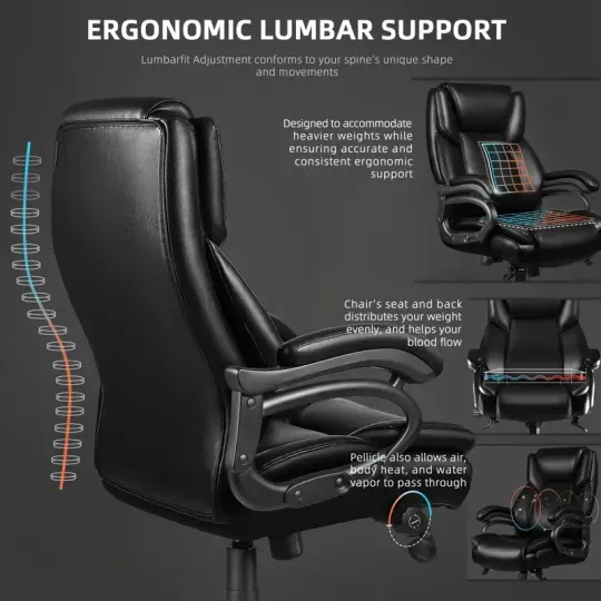 Silla de Oficina Ergonómica de Tamaño Grande 500lbs de Alta Resistencia - Asiento Ejecutivo de Respaldo Alto con Soporte Lumbar, Ruedas de Goma Silenciosas y Diseño Alto y Ancho para Alivio del Dolor de Espalda Baja