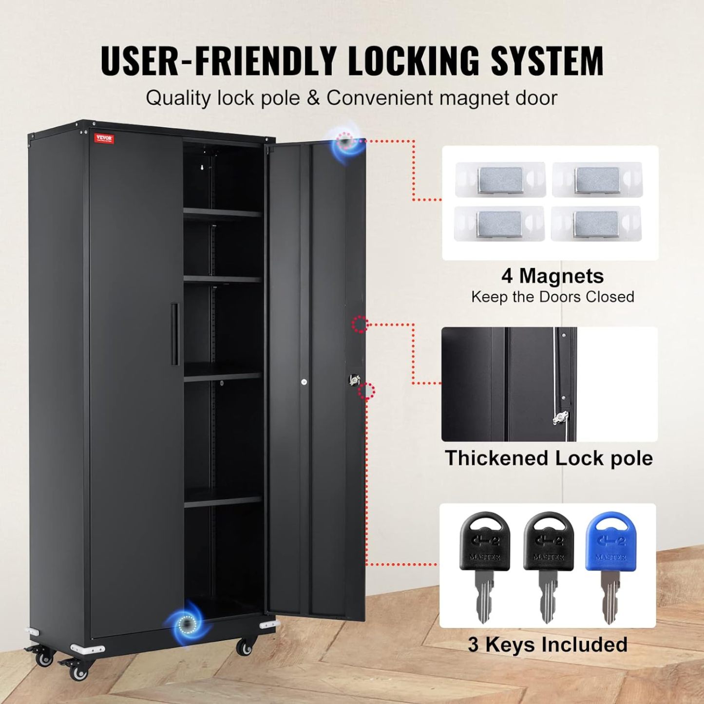 Metal Storage Cabinet with Wheels, 75'' Locking Steel Storage Cabinet with 2 Magnetic Doors and 4 Adjustable Shelves for Office, Garage, Home