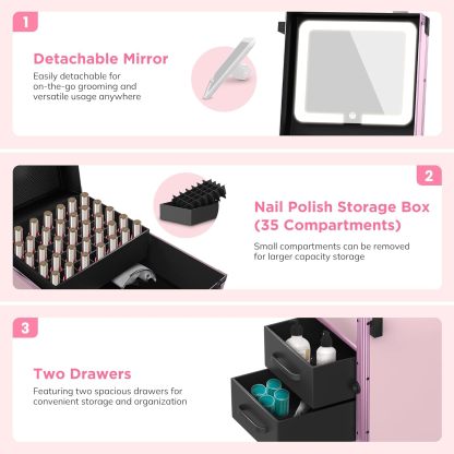 EASYINBEAUTY - Mesa de manicura portátil con 2 cajones, organizador de espejo y esmalte de uñas, estuche de tren de maquillaje con cerradura con computadora de uñas plegable, estuche de viaje