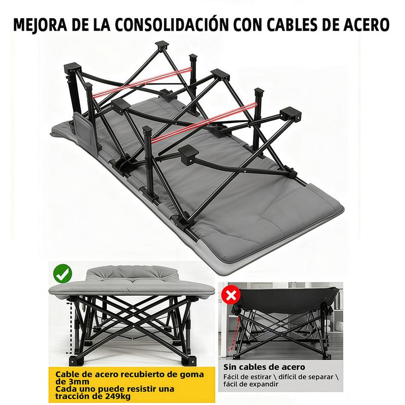 Cama Plegable Extra Grande Gris de 65*180 Cm para Exteriores – Portátil para Camping, Estadios, Viajes y Oficina. Estructura de Metal Resistente con Bolsillos Laterales de Almacenamiento.