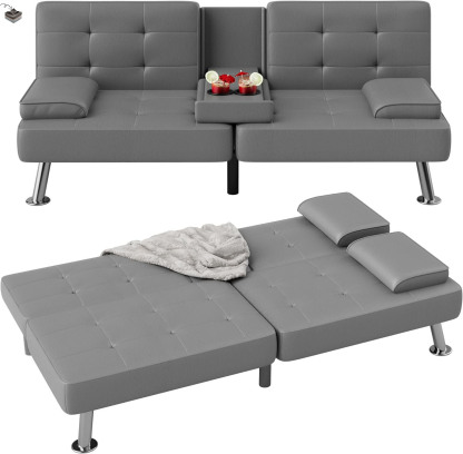 Flamaker Futón - Juego Moderno de futón Plegable de Piel sintética para Sala de Estar con 2 Soportes para Tazas, reposabrazos extraíbles (Piel sintética, Negro)-trapo