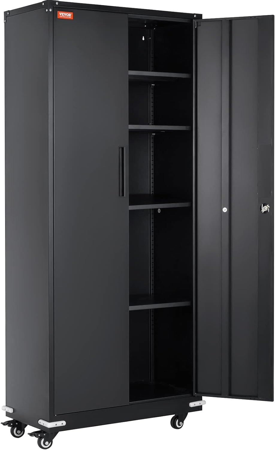 Metal Storage Cabinet with Wheels, 75'' Locking Steel Storage Cabinet with 2 Magnetic Doors and 4 Adjustable Shelves for Office, Garage, Home