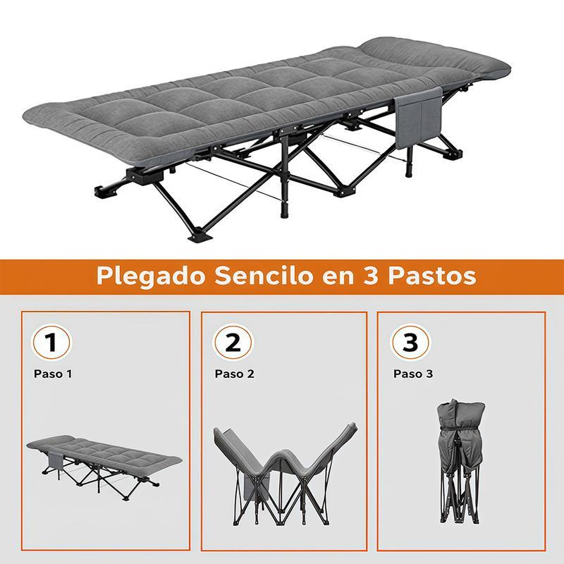 Cama Plegable Extra Grande Gris de 65*180 Cm para Exteriores – Portátil para Camping, Estadios, Viajes y Oficina. Estructura de Metal Resistente con Bolsillos Laterales de Almacenamiento.