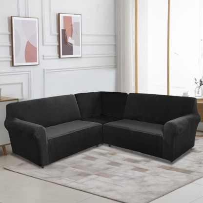 MIFXIN - Fundas de sofá de esquina seccionales de 5 asientos en forma de L, 3 piezas de terciopelo elástico, suave, lavable, protector de sofá para sofás de esquina de 5 plazas (negro)