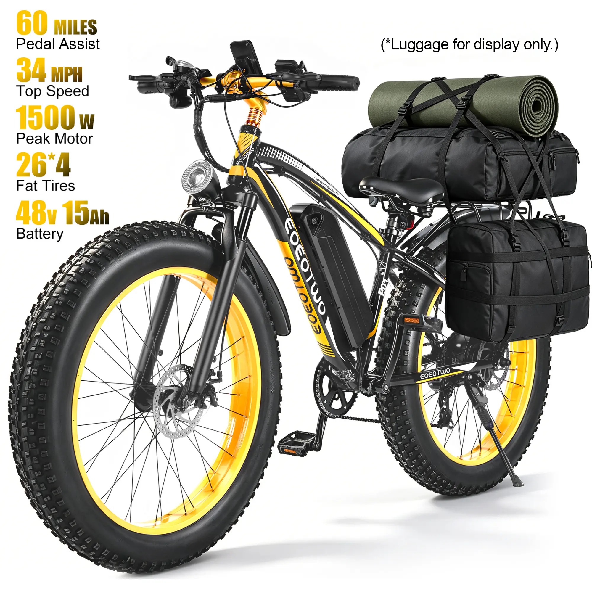 Bicicleta eléctrica con motor de 1500 W de potencia máxima, suspensión delantera, batería de 48 V y 15 Ah, neumáticos de 26" x 4,0", velocidad superior a 30 mph y autonomía de 70 millas; ideal para nieve, montaña y carretera.