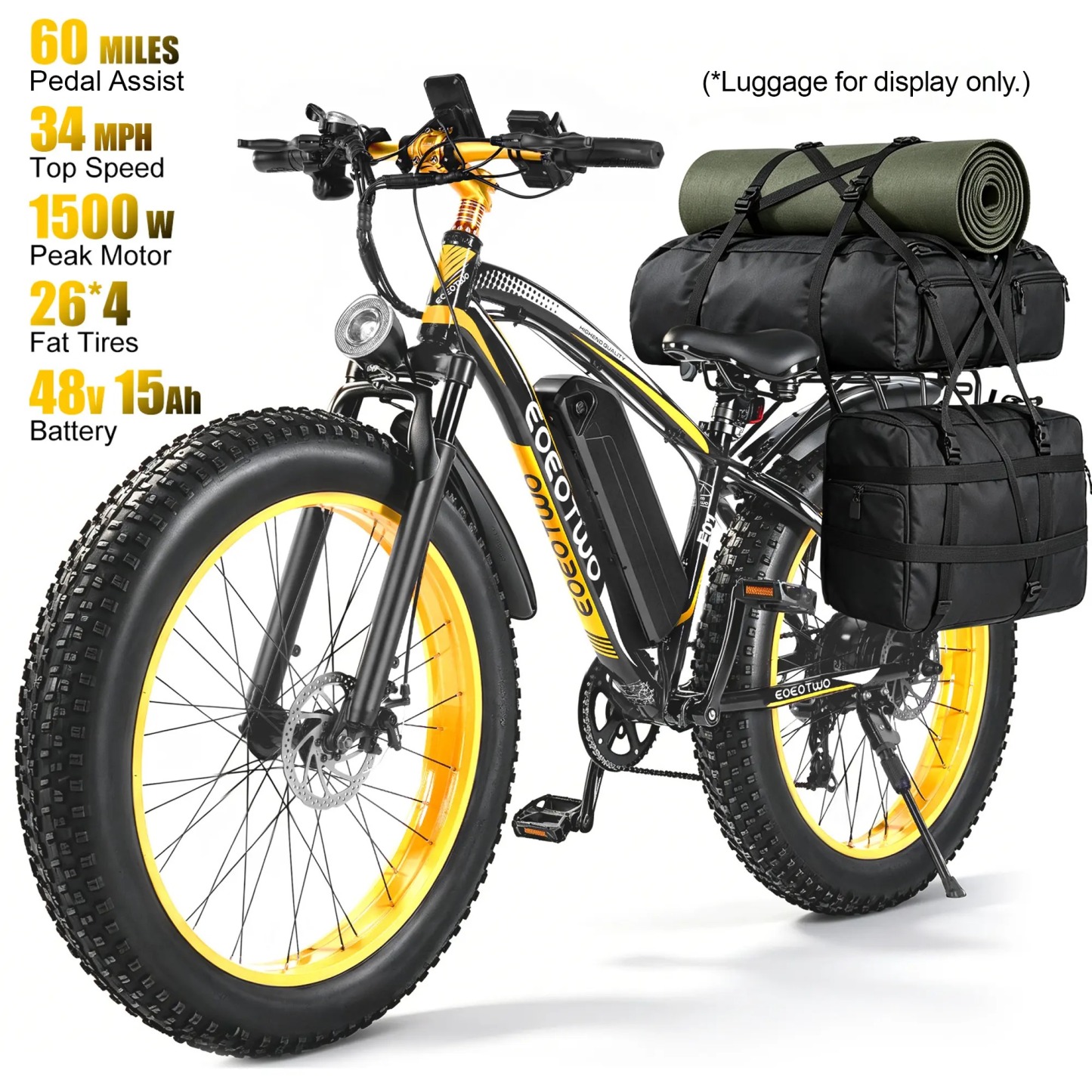 Bicicleta eléctrica con motor de 1500 W de potencia máxima, suspensión delantera, batería de 48 V y 15 Ah, neumáticos de 26" x 4,0", velocidad superior a 30 mph y autonomía de 70 millas; ideal para nieve, montaña y carretera.