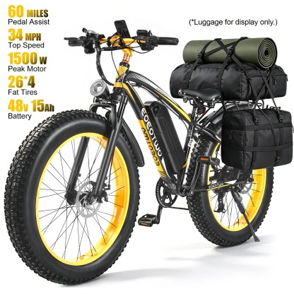 Bicicleta eléctrica con motor de 1500 W de potencia máxima, suspensión delantera, batería de 48 V y 15 Ah, neumáticos de 26" x 4,0", velocidad superior a 30 mph y autonomía de 70 millas; ideal para nieve, montaña y carretera.