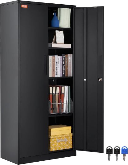 Metal Storage Cabinet with Wheels, 75'' Locking Steel Storage Cabinet with 2 Magnetic Doors and 4 Adjustable Shelves for Office, Garage, Home