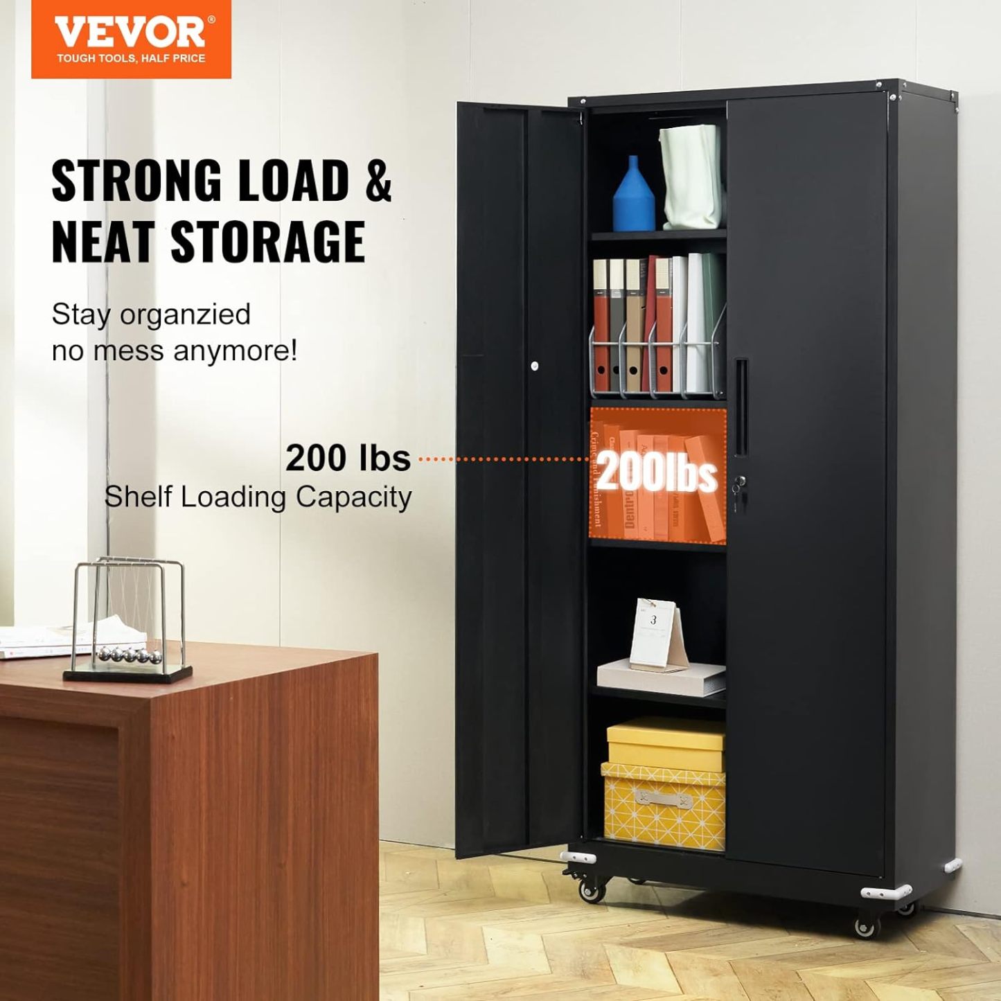 Metal Storage Cabinet with Wheels, 75'' Locking Steel Storage Cabinet with 2 Magnetic Doors and 4 Adjustable Shelves for Office, Garage, Home