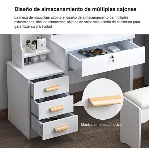 Tocador Multifuncional Moderno Con Espejo, Silla Y 4 Cajones