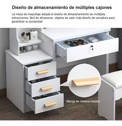 Tocador Multifuncional Moderno Con Espejo, Silla Y 4 Cajones