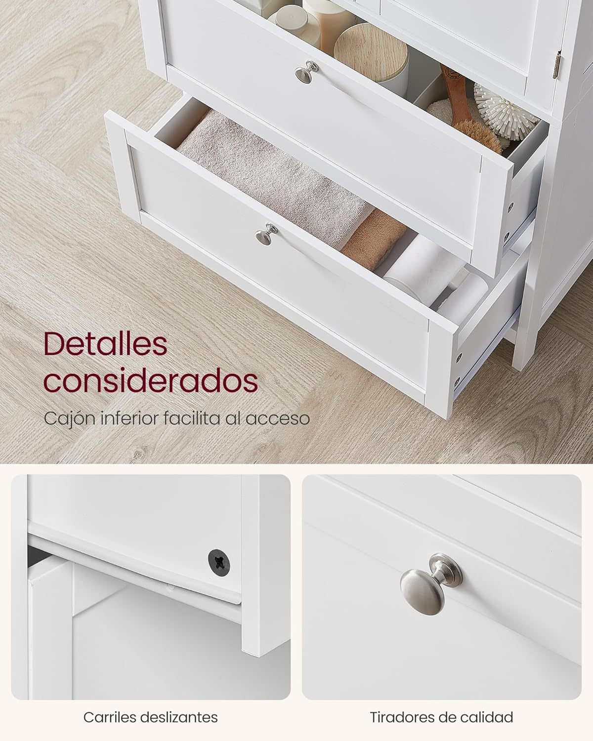 VASAGLE - Clóset de almacenamiento para piso de baño, mueble no empotrado, estantes ajustables con 2 cajones y dos puertas, 30 x 60 x 110 cm, blanco, UBBC551P31