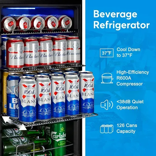 Refrigerador de bebidas de 17 pulgadas de ancho - Enfriador de bebidas para 126 latas con puerta de vidrio | Mini refrigerador para bebidas y cerveza de encimera/independiente | Memoria de temperatura | Puerta invisible |