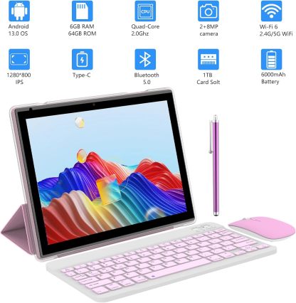 Tablet con teclado 2 en 1, Android 11, 10.1 pulgadas FHD, con teclado/mouse/funda/lápiz capacitivo/película templada, 64 GB+2 GB, Wi-Fi, cámara dual 8 MP, procesador quad core, batería 6,000 mAh, rosa