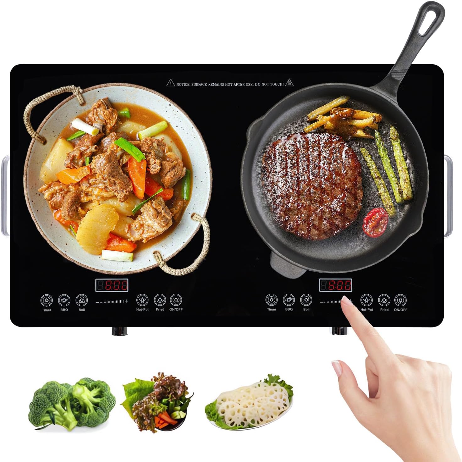 3500W Parrilla de Inducción Eléctrica, 1850W+1850W Control Independiente Cocina por Inducción de Doble Horno, 10 Niveles de Temperatura y Potencia, Sistema de Seguridad, Pantalla LCD Touch