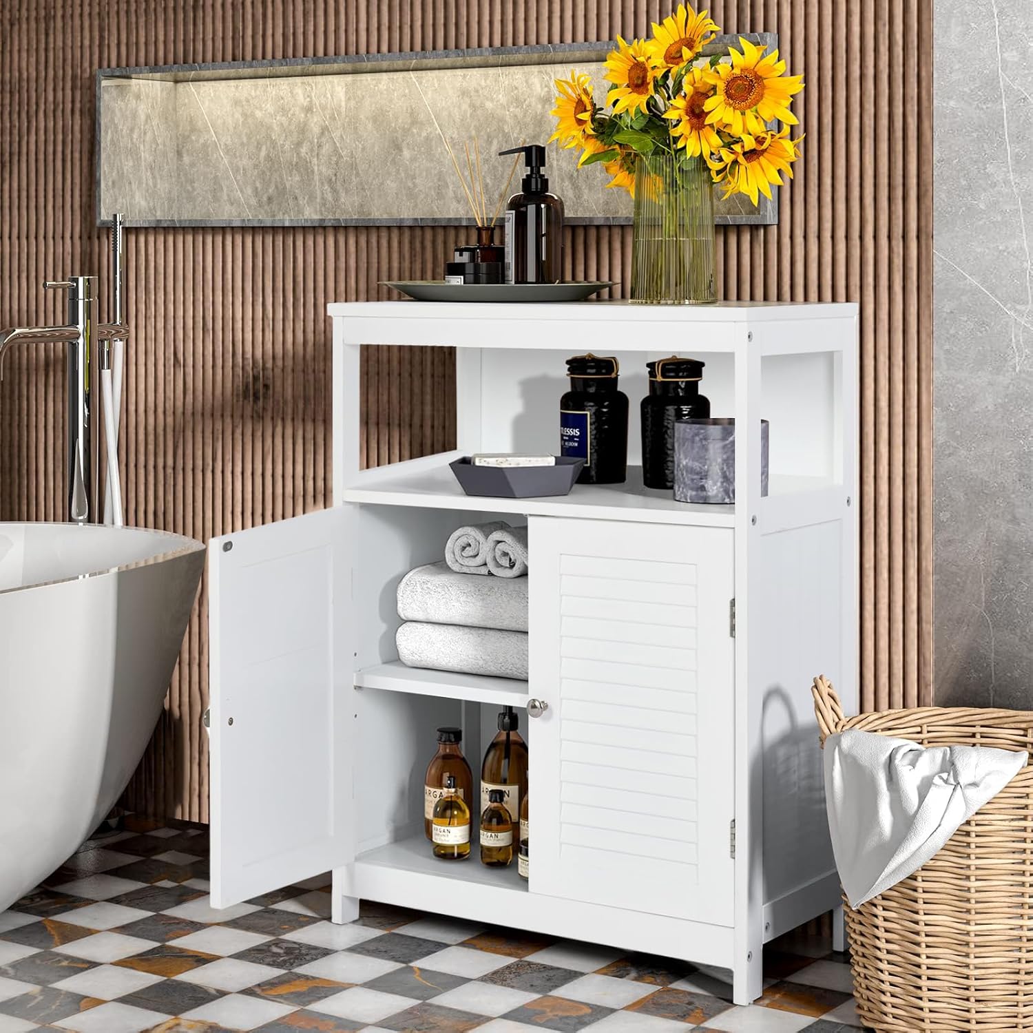 Gabinete de Almacenamiento para Piso de Baño con Puerta Doble, Estante Ajustable, para Baño, Sala de Estar, Cocina, Estilo Nórdico Escandinavo, Fácil Montaje