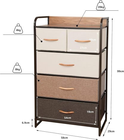 MU:4LIFE Cómoda De 5 Cajones Almacenamiento para Hogar Y Oficina, Organizador Cajonera De Estructura Metal y Cajones De Tela Lino Poliéster y Tela No Tejida (Gris Claro)