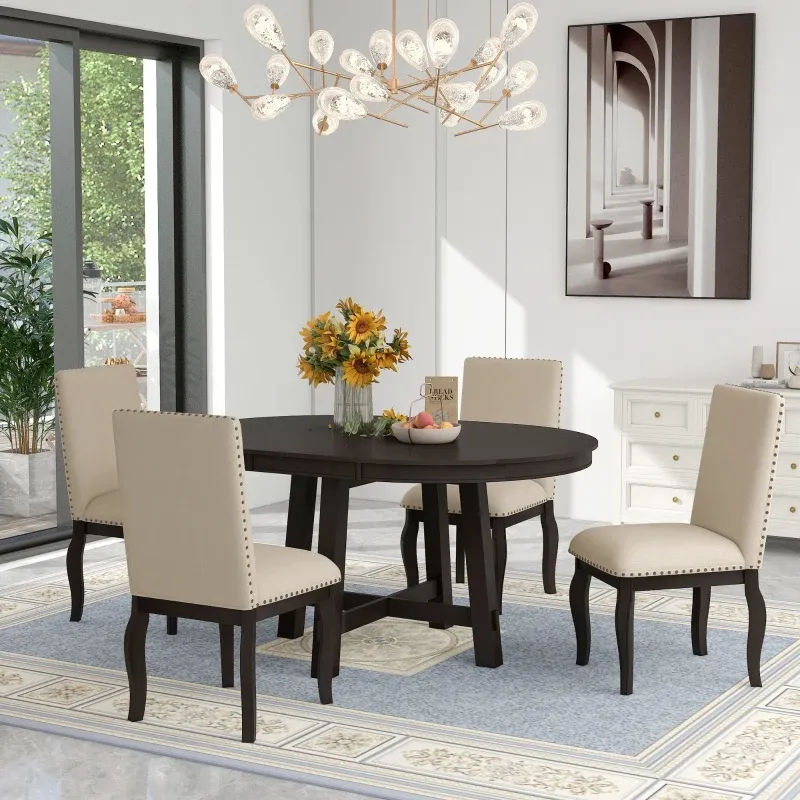 Juego de mesa de comedor de 5 piezas, mesa redonda extensible con base en forma de X y 4 sillas tapizadas, longitud ajustable de 42 a 58 pulgadas