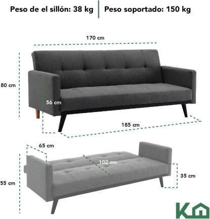 Kingshouse | Sillón Sofá Cama Plegable - Sala Moderna Minimalista - Tapizado Poliéster - Estructura De Madera - Gris Oscuro - 3 Personas - Departamento o Casa